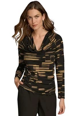 Women's Long Sleeve Cowl Neck Printed Knit Top