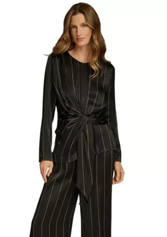 Women's Pinstriped Tie Front Blouse