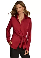 Women's Tie Detail Satin Button Front Blouse