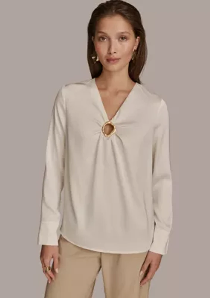 Women's Long Sleeve V-Neck Hardware Blouse