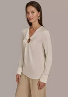 Women's Long Sleeve V-Neck Hardware Blouse