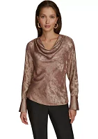 Women's Long Sleeve Cowl Neck Metallic Blouse