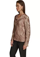 Women's Long Sleeve Cowl Neck Metallic Blouse