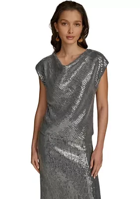 Women's Cap Sleeve Cowl Neck Sequin Mesh Dress