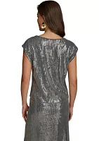 Women's Cap Sleeve Cowl Neck Sequin Mesh Dress