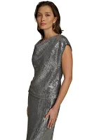 Women's Cap Sleeve Cowl Neck Sequin Mesh Dress