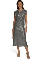 Women's Cap Sleeve Cowl Neck Sequin Mesh Dress