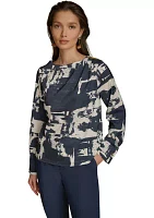 Women's Long Sleeve Printed Zipper Shoulder Blouse