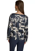 Women's Long Sleeve Printed Zipper Shoulder Blouse