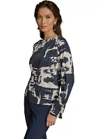 Women's Long Sleeve Printed Zipper Shoulder Blouse