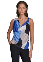 Women's Sleeveless Cowl Neck Color Block Print Blouse