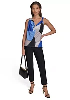 Women's Sleeveless Cowl Neck Color Block Print Blouse