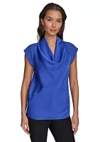 Women's Short Sleeve Cowl Neck Mix Media Top