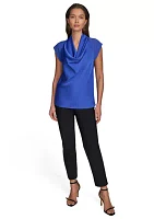 Women's Short Sleeve Cowl Neck Mix Media Top