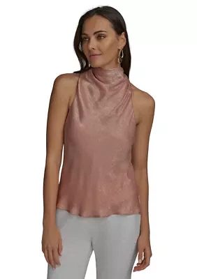 Women's Sleeveless Metallic Asymmetrical Funnel Neck Blouse