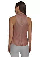 Women's Sleeveless Metallic Asymmetrical Funnel Neck Blouse