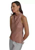 Women's Sleeveless Metallic Asymmetrical Funnel Neck Blouse
