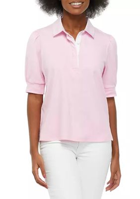 Women's Solid Puff Sleeve Polo Shirt