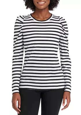 Women's Long Sleeve Pleated Shoulder Striped T-Shirt