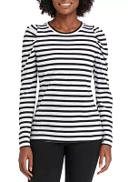 Women's Long Sleeve Pleated Shoulder Striped T-Shirt