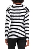 Women's Long Sleeve Pleated Shoulder Striped T-Shirt