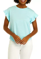 Petite Short Sleeve Ruffle Solid T-Shirt