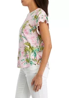 Petite Short Sleeve Ruffle Printed T-Shirt