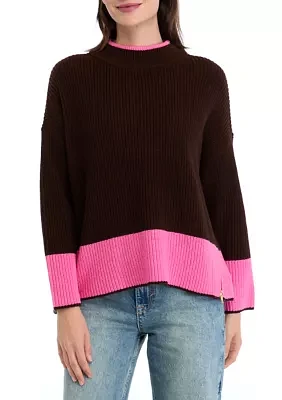 Petite Long Sleeve Mock Neck Color Block Top