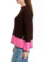 Petite Long Sleeve Mock Neck Color Block Top