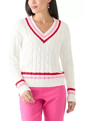 Petite Long Sleeve V-Neck Varsity Sweater