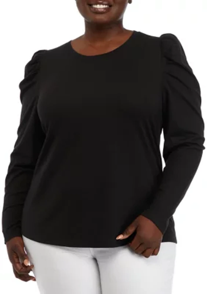 Plus Long Sleeve Pleated Shoulder T-Shirt