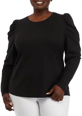 Plus Long Sleeve Pleated Shoulder T-Shirt