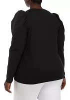 Plus Long Sleeve Pleated Shoulder T-Shirt