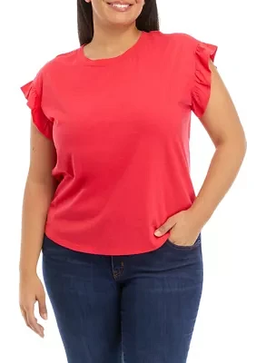 Plus Short Ruffle Sleeve Solid T-Shirt