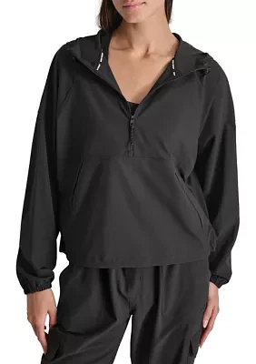 Drop Shoulder Half Zip Pullover with Hood and Kangaroo Pocket