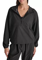 Drop Shoulder Half Zip Pullover with Hood and Kangaroo Pocket