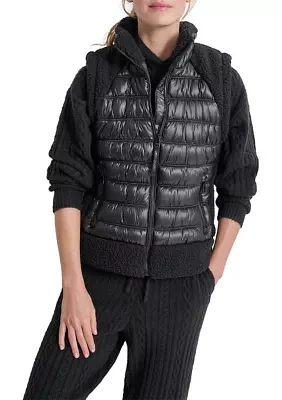 Women's Horizontal Channel Quilted Mock Neck Puffer Vest with Sherpa