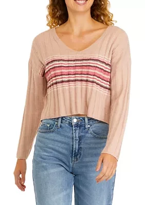 Long Sleeve Ribbed V-Neck Striped Sweater