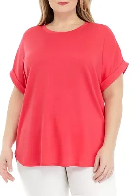 Plus Cuff Short Sleeve Smile Hem Shirt