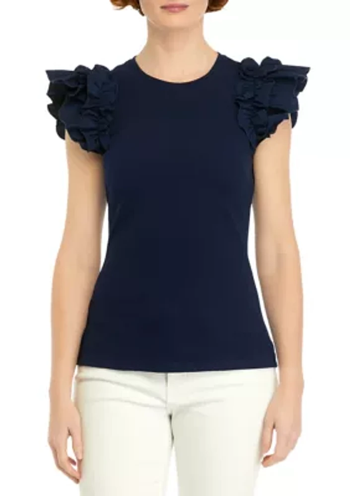 Women's Ribbed Flutter Sleeve Knit Top