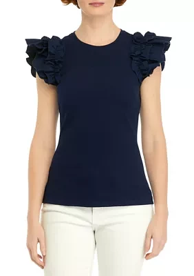 Women's Ribbed Flutter Sleeve Knit Top