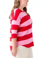 Plus 3/4 Sleeve Baby Terry Yarn Dyed Stripe Top