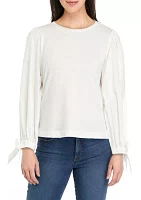 Petite Long Sleeve Top with Woven Sleeves