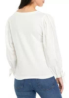 Petite Long Sleeve Top with Woven Sleeves