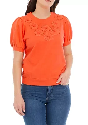 Women's Puff Sleeve Embroidered Interlock Top