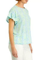 Women's Short Ruffle Sleeve Printed Knit Top