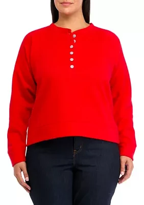 Plus Long Sleeve Jewel Button Henley Top