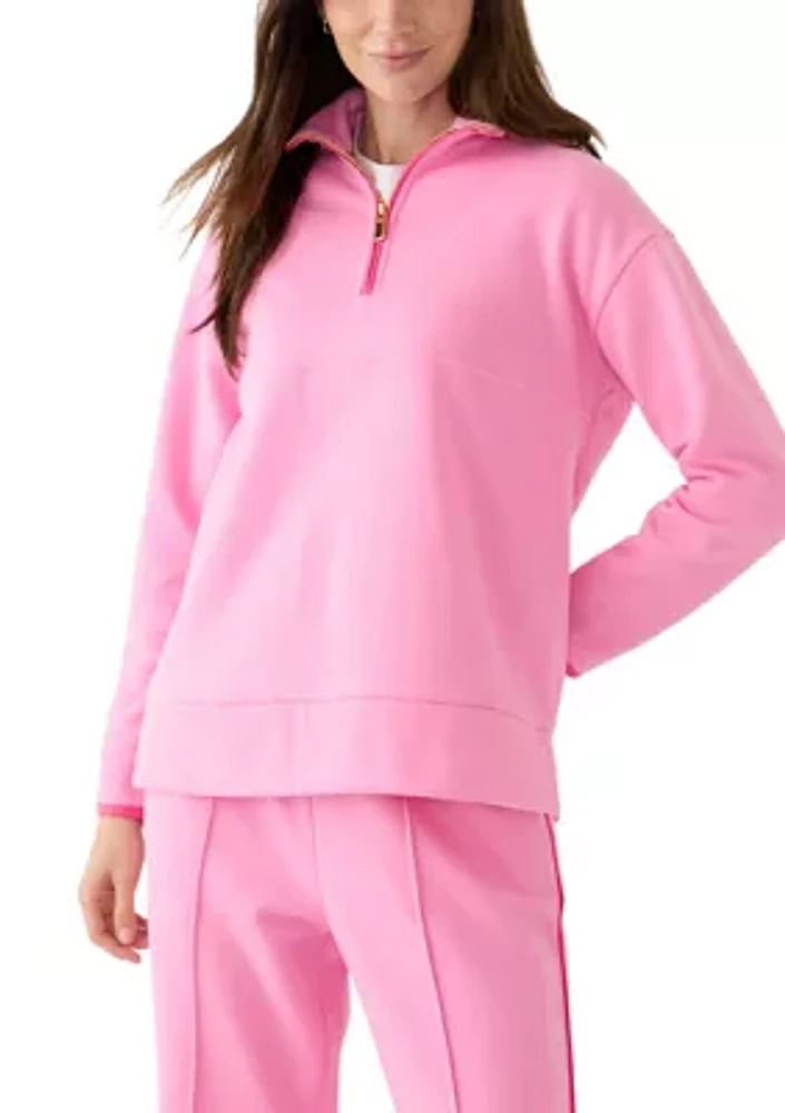 Women's Long Sleeve Half Zip Mock Neck Top with Contrast Trim