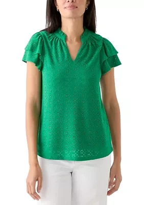 Women's Split Neck Eyelet Top