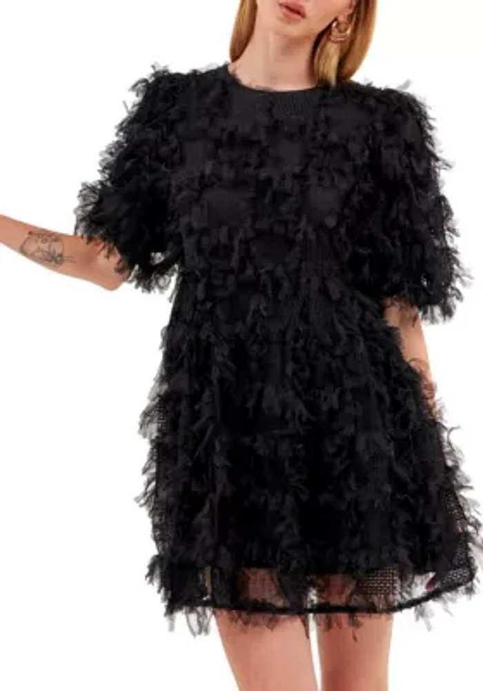 Gridded Mesh Feathered Puff Sleeve Mini Dress